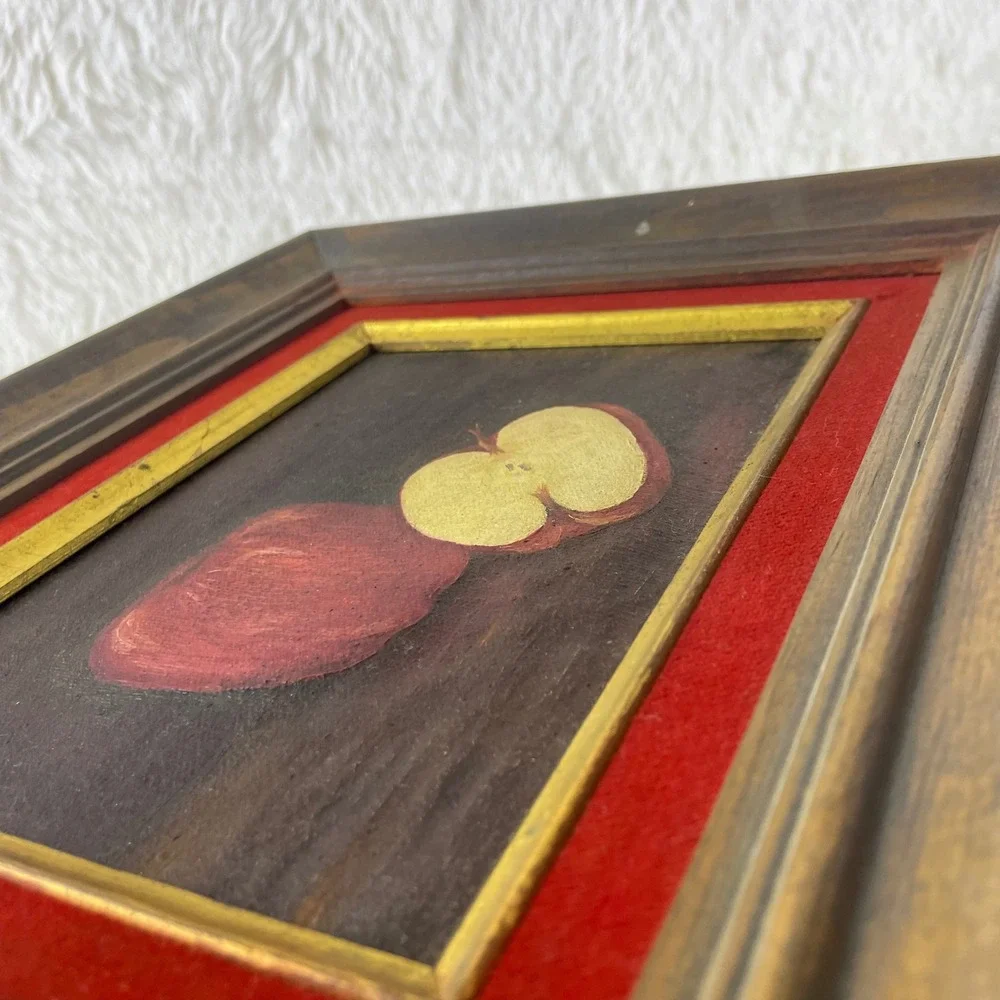Antique French Still Life Oil Painting Red Apple Gold Frame Red Velvet Mat - Picture 13 of 16